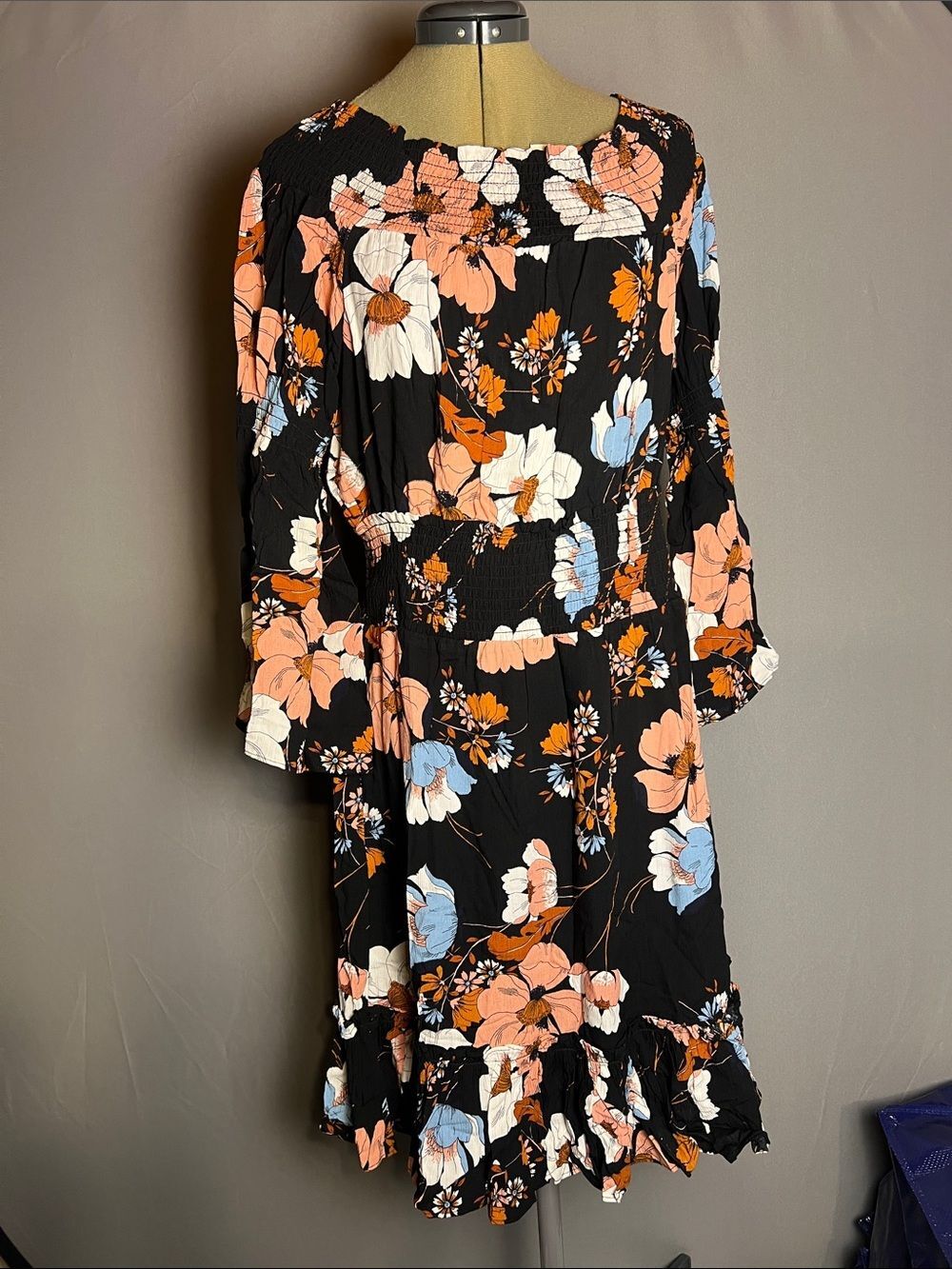 Black Floral Smocked Midi Dress with Peach & Light Blue Blooms
